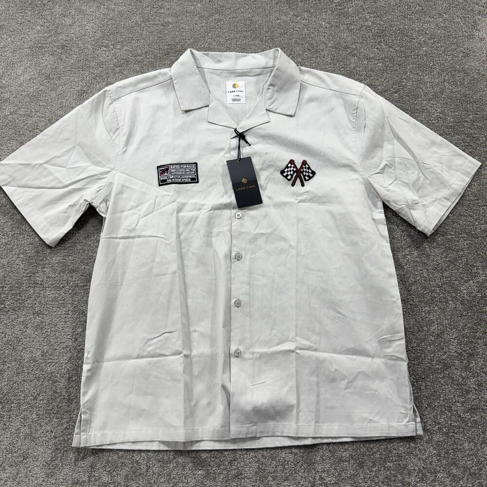 Lark & Owl Motorsport Camp Collar Shirt Gray Cotton‎ XL Racing Embroidered Light